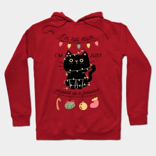 Funny Christmas Cat Wrapped in Lights, Festive Feline Hoodie